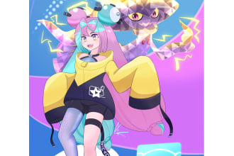 create a trainer, 2 pokemon drawing with simple background