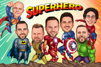draw digital superhero cartoon caricature as family, group
