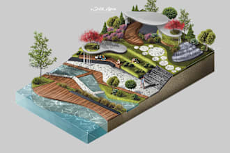 create an isometric sketch visual, landscape, architecture, interior