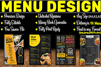 design restaurant, bar food menu, service menu, spa price list, salon price list