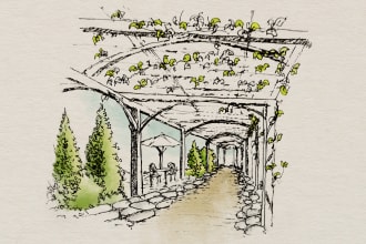 sketch landscape,  house or building