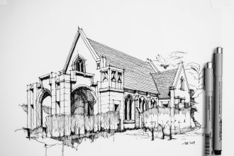 create an artistic architectural drawing or freehand sketch