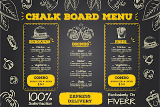 do unique chalkboard menu, flyer, poster designs, stand out with custom artwork