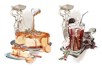 illustrate appealing food and beverage illustrations in abstract style