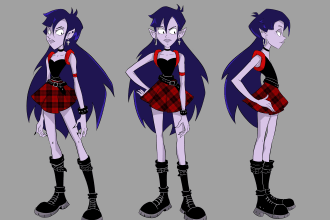 create a character design, model sheet and poses