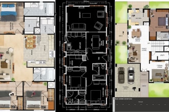 draw and color floor plan, site plan, elevation, section
