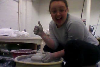 give a 15 minute demo on throwing coffee mugs on the wheel