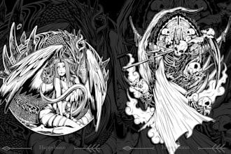 create unique illustration black and white fantasy design hand drawn in my style