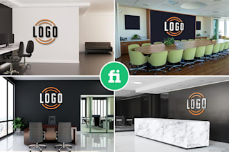 design 3d realistic office interior branding wall logo mockups