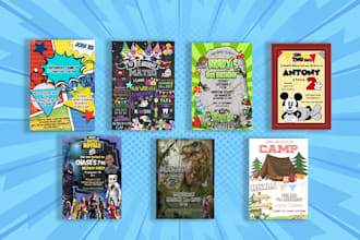 design kids birthday invitation, cartoon characters, colorful invites