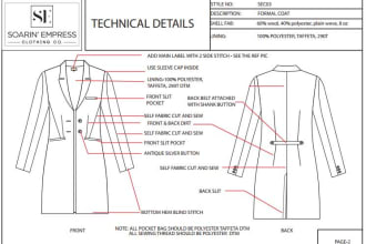 create fashion sketch tech pack and pattern for manufacture