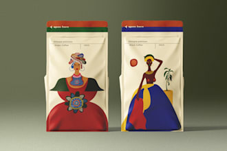 design coffee and tea labels, mugs, bags, pouches  packaging