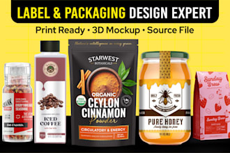 professional product label design, honey label, spice label, coffee packaging