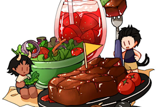 draw cute character and yummy dish illustration for you