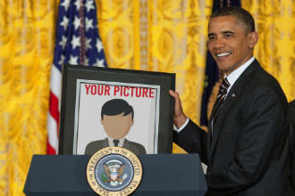 make obama or donald trump hold your logo design or message