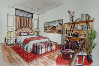 create interior illustration with watercolour style handmade