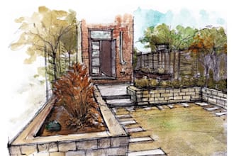 sketch architectural garden views or landscape scenery with watercolor