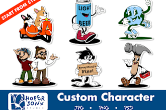 draw retro mascot, sticker, and vintage cartoon character