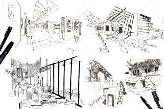 hand draw architectural sketches interior and exterior