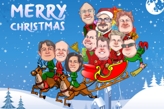 draw your group christmas, holiday funny cartoon caricature card