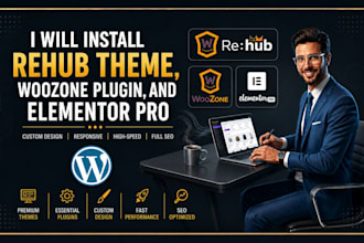 install rehub theme, woozone plugin, elementor pro