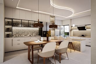 provide 3d interior rendering for bedroom, kitchen, bathroom