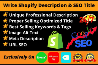 write attractive shopify product description with shopify SEO title, tags