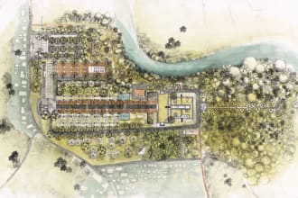 draw landscape and building and interior floor plans in water color