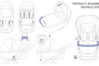 create product assembly instructions and step by step line art illustrations
