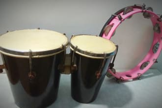 record percussion instruments bongo, tambourine and tabla