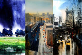 draw watercolor landscape, city, environment painting