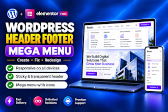fix, create or redesign wordpress header, footer and elementor mega menu