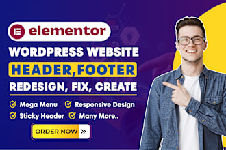 fix, design, clone, header, footer, mega menu  elementor website