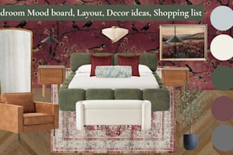 create a cozy modern bedroom design with layout and mood board