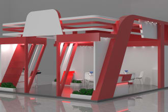 create a 3d commercial stall, an exhibition booth