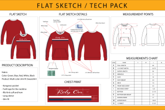 create professional spec sheet, tech pack and flat sketch