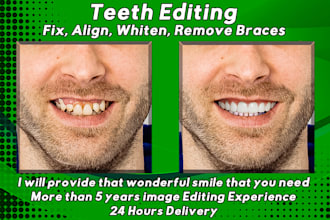 edit your teeth whiten, align and fix ,remove braces using photoshop