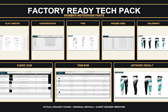 create a factory ready clothing tech pack for manufacturing