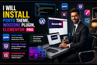 install porto theme, woozone plugin, elementor pro