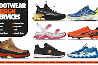 create shoe, boots, slide design and render for brand, industry, manufacture