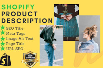 write creative shopify SEO description with title and tags