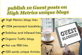 publish 10 guest posts on high metrics unique blogs