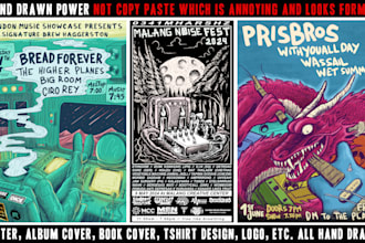 make handdrawn art posters events, party, gigs, and bands