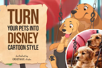 draw disney cartoon portrait of cat, dog or any pets