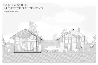 render architecture design plan, section, elevation as black and white model