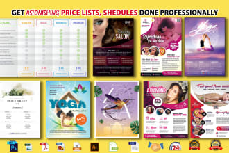 do checklist, price list, schedule, sell sheet, menu list for spa, salon, gym