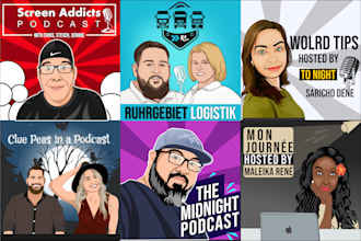 design cartoon podcast cover art and logo in cartoon style