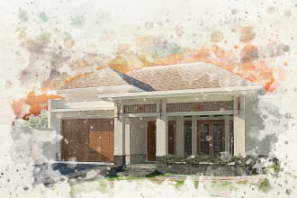 create digital watercolor architecture view, building, house illustrations
