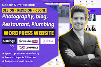 design redesign clone, photography, restaurant, plumbing, blog wordpress website