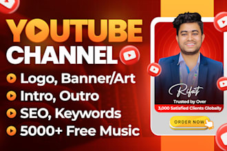create, setup youtube channel with logo, art, intro, outro, SEO